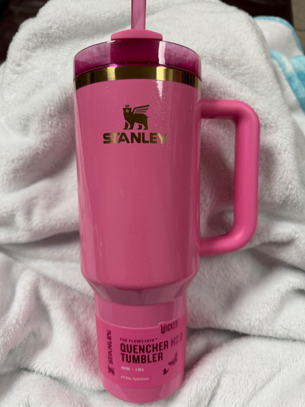 Wicked “Glenda” Stanley Hot Pink Tumbler with sparkles & Gold Accents